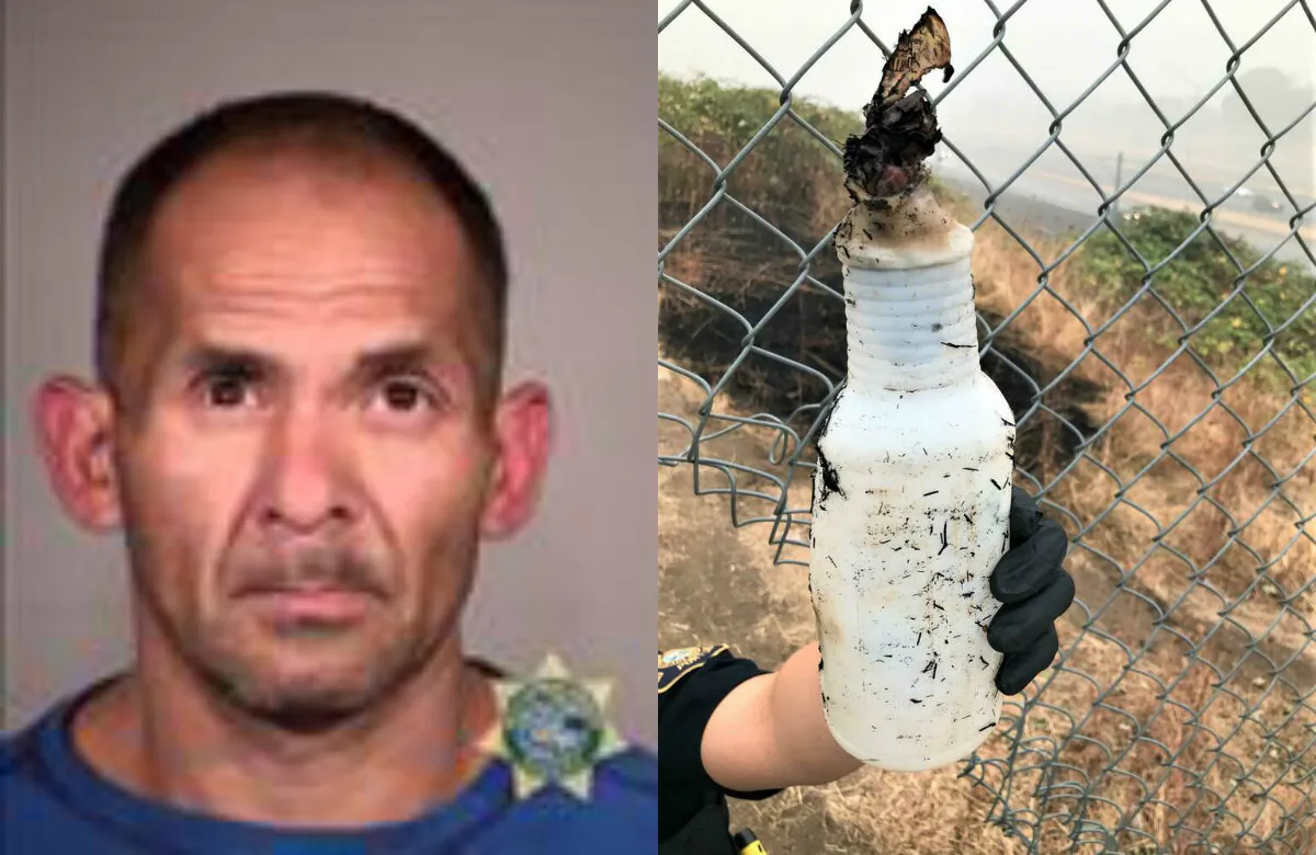 (L) Domingo Lopez Jr. and (R) a Molotov cocktail he allegedly used to start a fire in Portland, Ore., on Sept. 13, 2020. (Multnomah County Sheriff's Office; Portland Police Bureau)