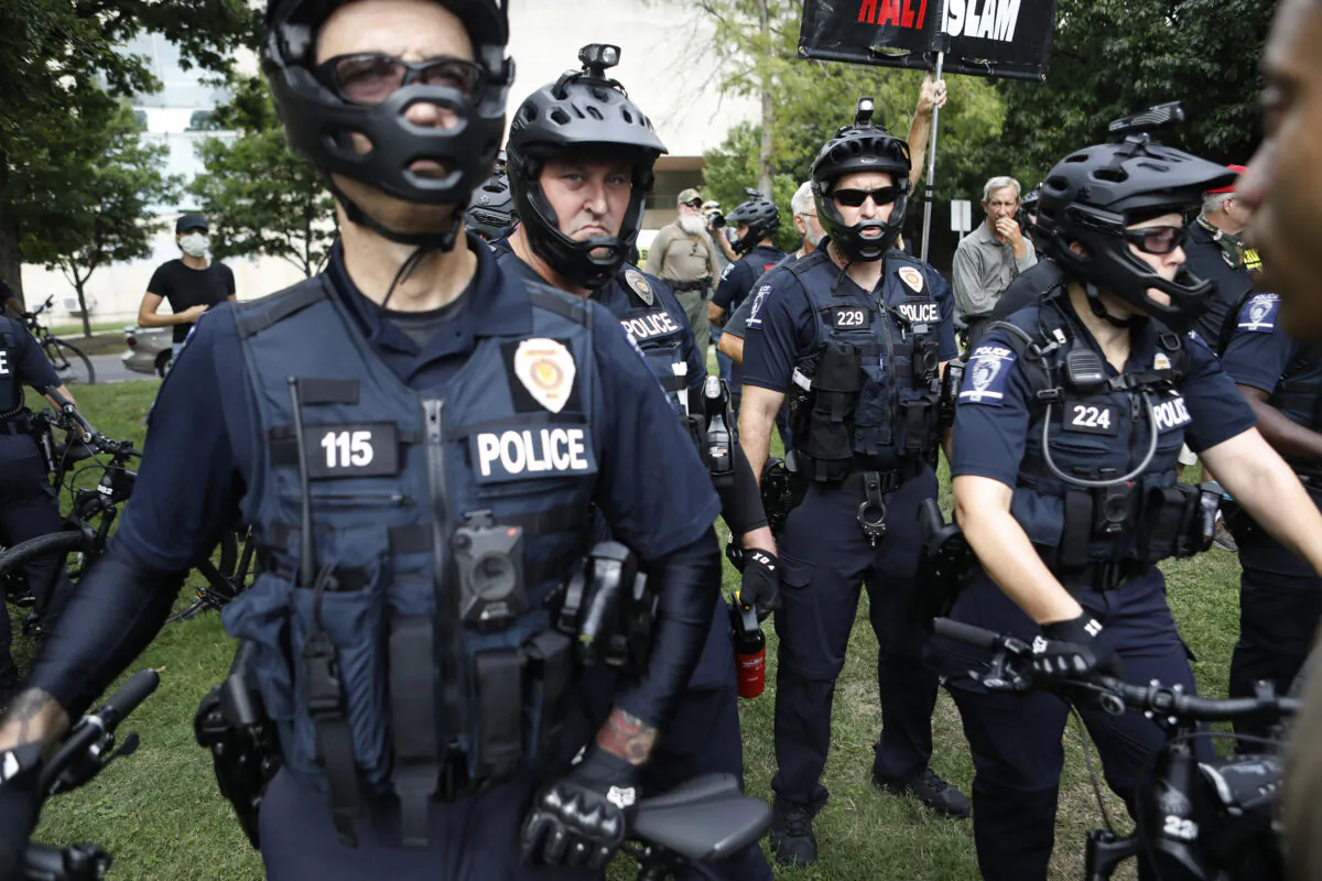 Charlotte-Mecklenberg Police officers at Marshall Park in uptown Charlotte, N.C., on Aug. 24, 2020. (Octavio Jones/Getty Images)