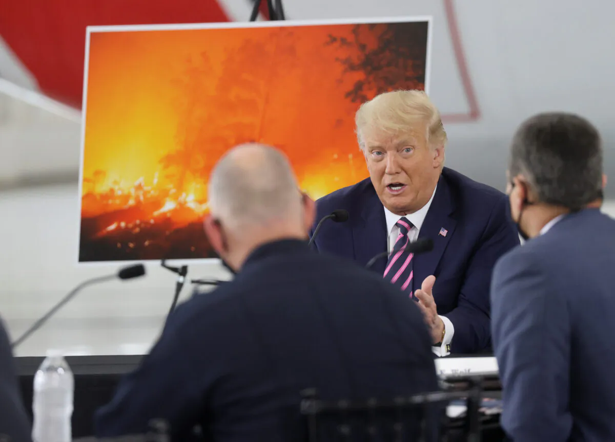 President Donald Trump speaks during a briefing on wildfires in McClellan Park, Calif., on Sept. 14, 2020. (Jonathan Ernst/Reuters)