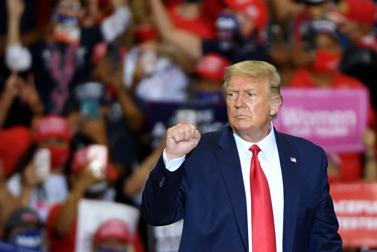 President Donald Trump gestures after speaking at a campaign event at Xtreme Manufacturing in Henderson, Nev., Sept. 13, 2020. (Ethan Miller/Getty Images)