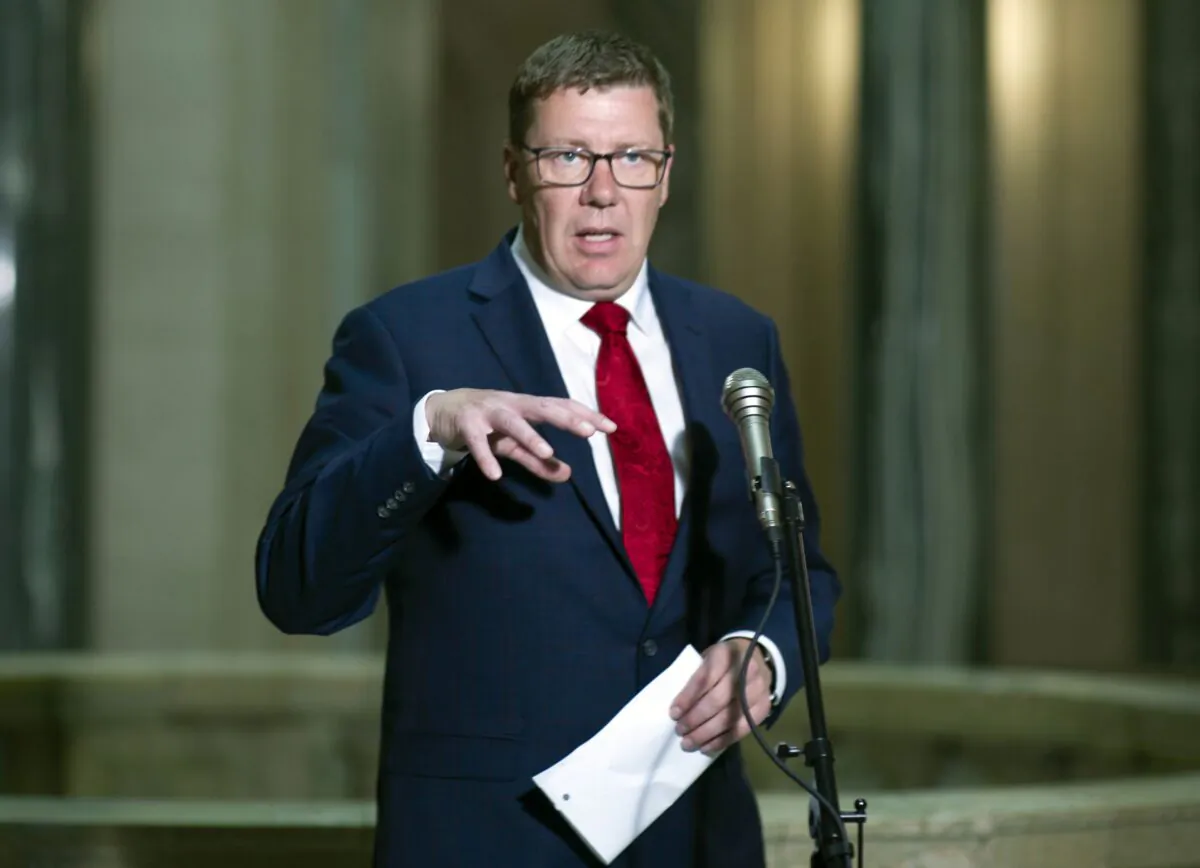 Saskatchewan Premier Scott Moe talks to reporters after the province released its budget at Saskatchewan's Legislative Building in Regina on June 15, 2020. (The Canadian Press/Mark Taylor)