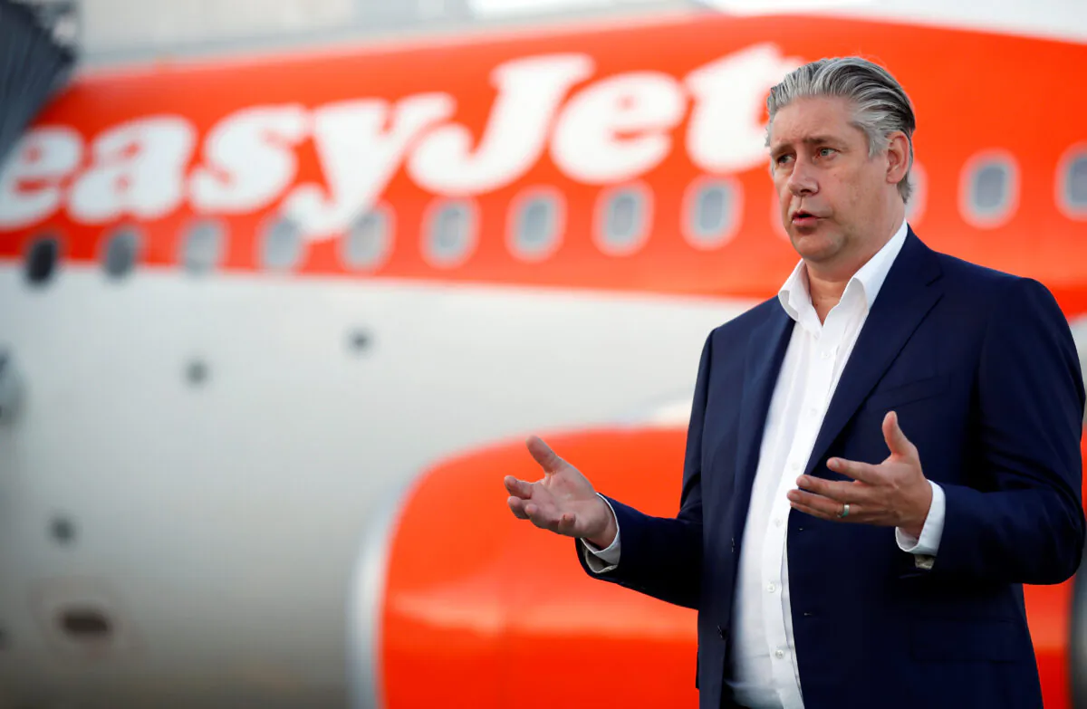 EasyJet CEO Johan Lundgren gestures as he talks to media at Gatwick Airport, UK, on June 15, 2020. (Peter Cziborra/Reuters)