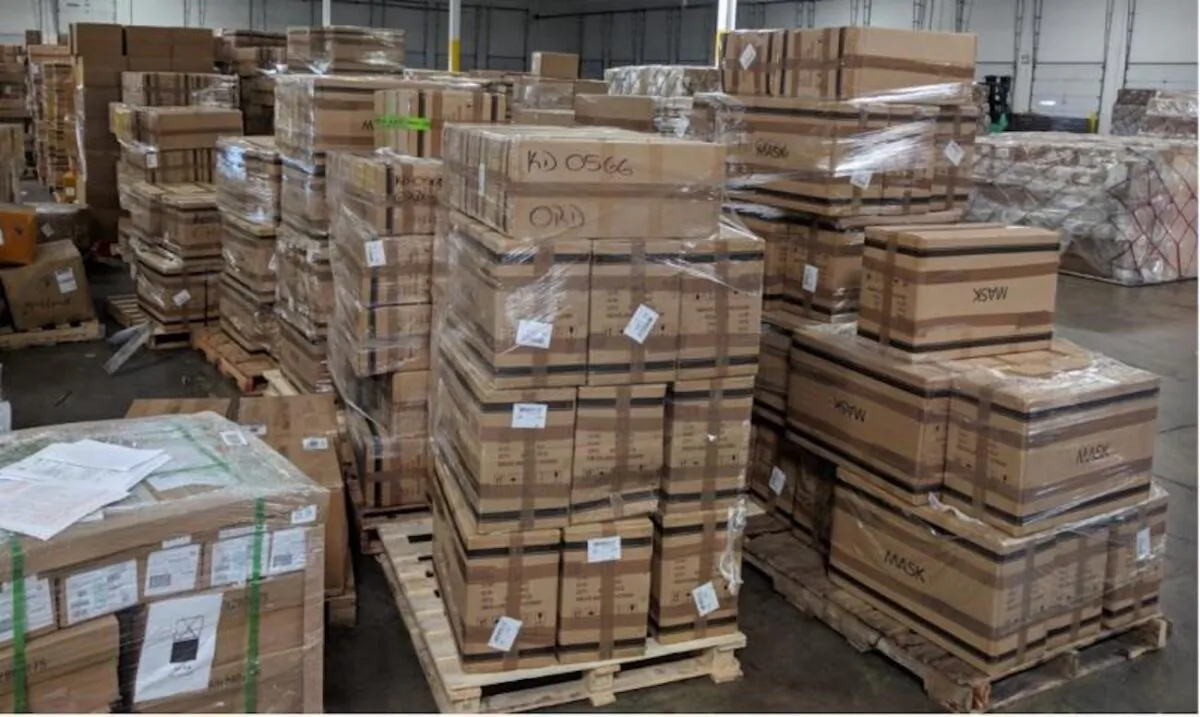 Shipment from Shenzhen China of what is believed to be counterfeit N-95 respirator masks, seized by U.S. Customs and Border Protection in Chicago on Sept. 10, 2020. (U.S. Customs and Border Protection)