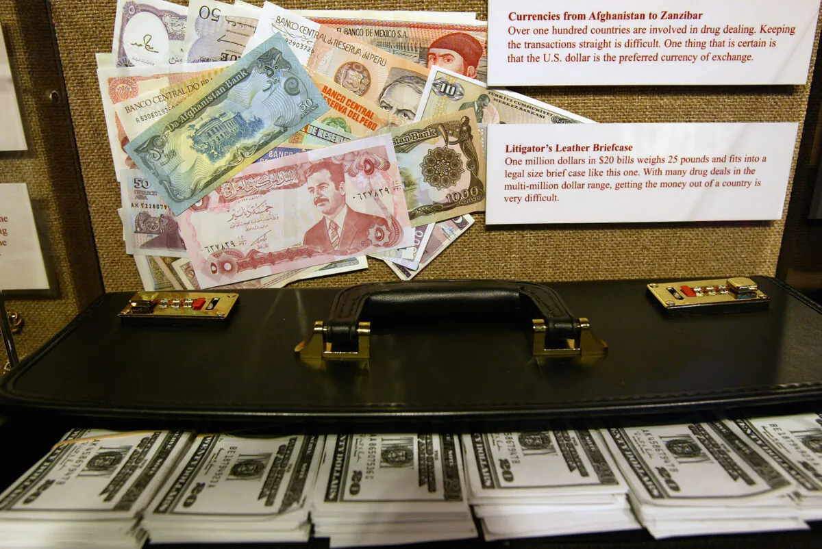 A money laundering exhibit is displayed at Target America: Drug Traffickers, Terrorists and You, a Drug Enforcement Administration (DEA) traveling museum exhibit, in a file photo. (Spencer Platt/Getty Images)