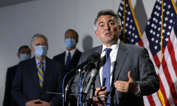 Sen. Cory Gardner (R-Colo.) talks to reporters in the Hart Senate Office Building on Capitol Hill in Washington on June 09, 2020. (Chip Somodevilla/Getty Images)