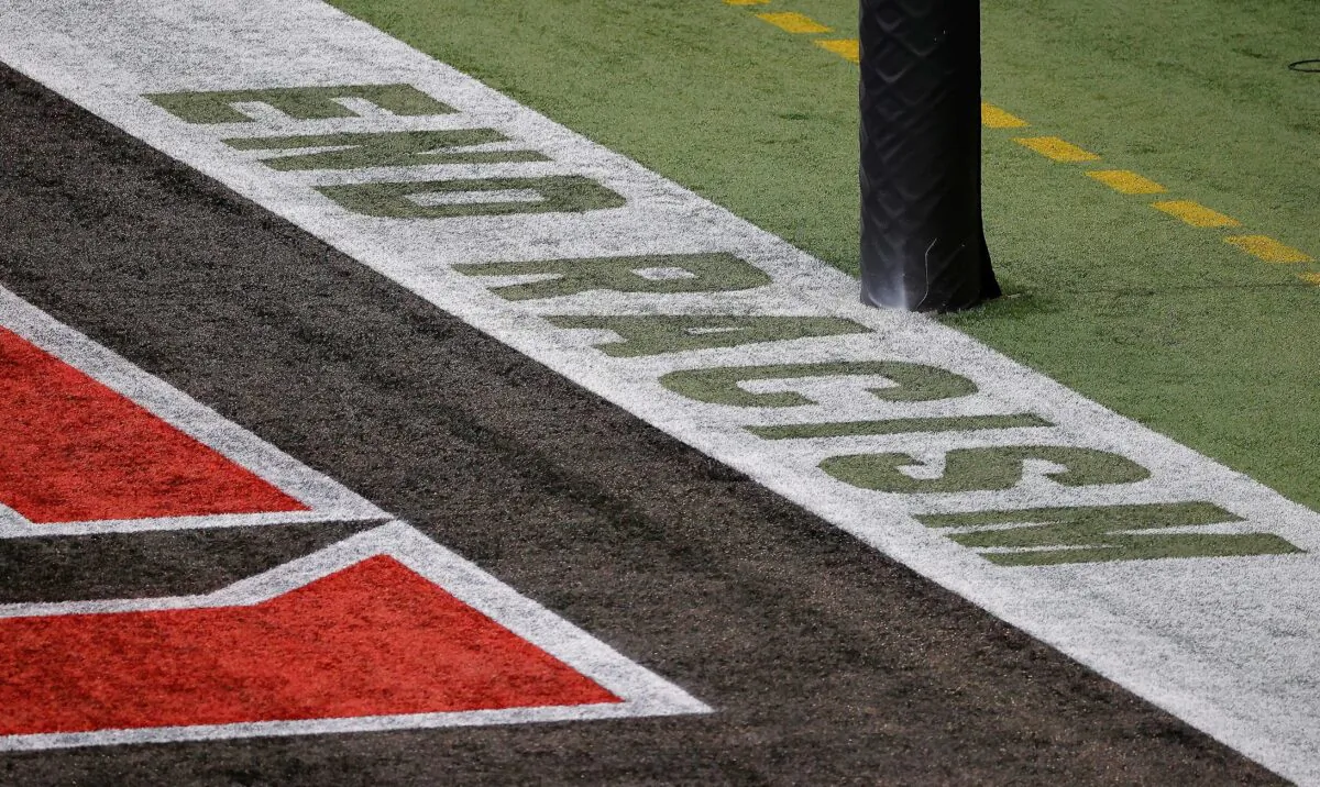 The message "End Racism" is seen in the one end zone at Mercedes-Benz Stadium in Atlanta, Ga., on Sept. 13, 2020. (Kevin C. Cox/Getty Images)