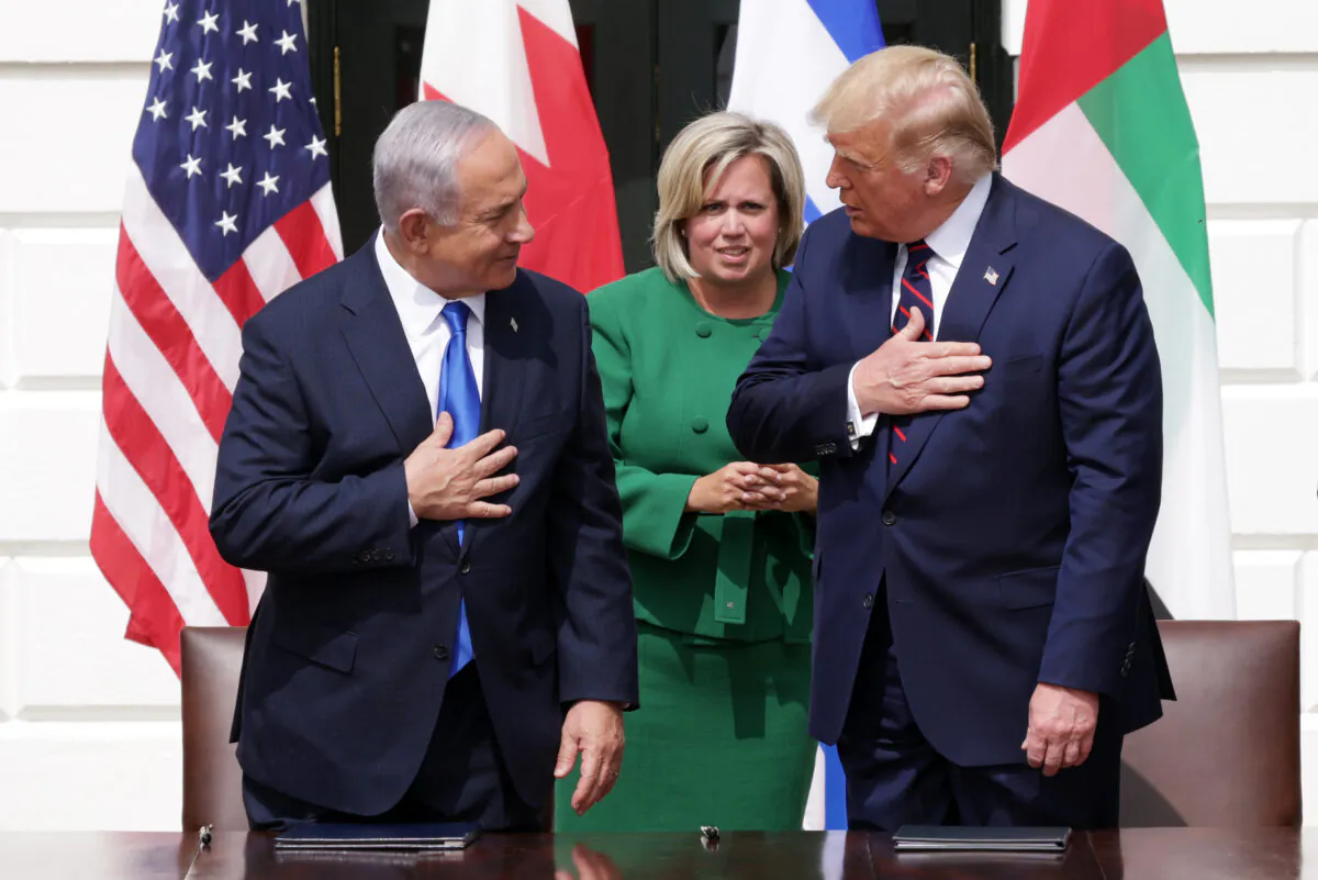 Prime Minister of Israel Benjamin Netanyahu and President Donald Trump participate in the signing ceremony of the Abraham Accords on the South Lawn of the White House in Washington on Sept. 5, 2020. (Alex Wong/Getty Images)