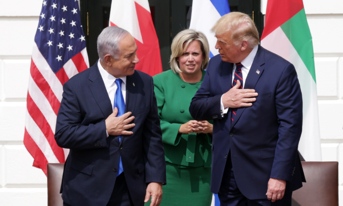 Prime Minister of Israel Benjamin Netanyahu and President Donald Trump participate in the signing ceremony of the Abraham Accords on the South Lawn of the White House in Washington on Sept. 5, 2020. (Alex Wong/Getty Images)