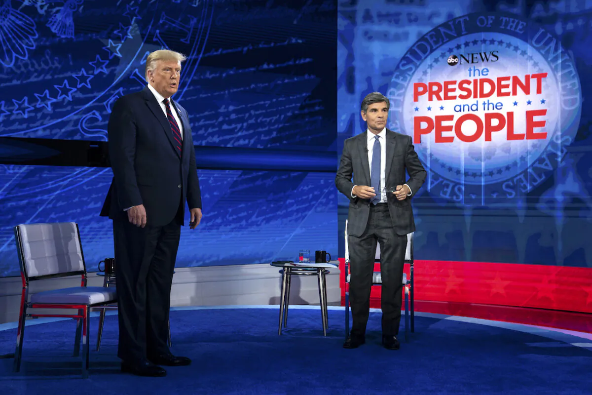 President Donald Trump talks with ABC News anchor George Stephanopoulos before a town hall at National Constitution Center in Philadelphia on Sept. 15, 2020. (Evan Vucci/AP Photo)