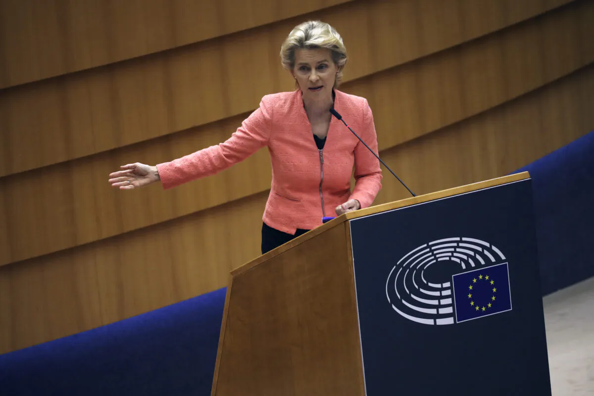 European Commission President Ursula von der Leyen addresses the plenary during her first State of the Union speech at the European Parliament in Brussels, on Sept. 16, 2020. (Francisco Seco/AP Photo)