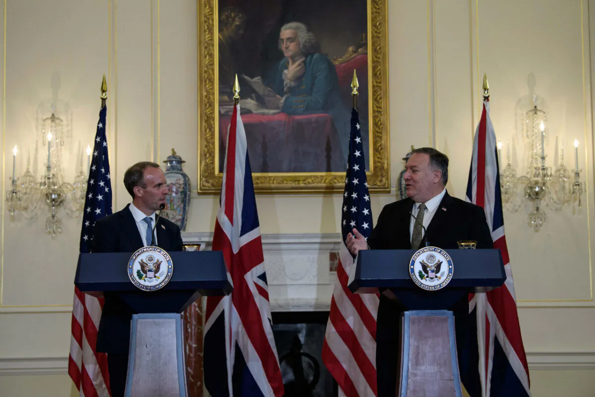 U.S. Secretary of State Mike Pompeo and British Foreign Secretary Dominic Raab hold a news conference at the State Department in Washington on Sept. 16, 2020. (Nicholas Kamm/Pool/Reuters) 