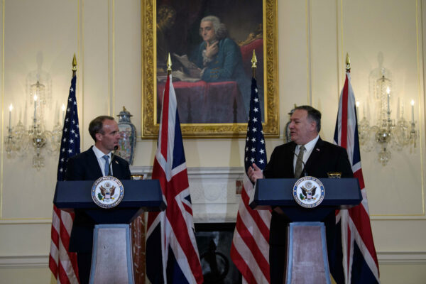 U.S. Secretary of State Mike Pompeo and British Foreign Secretary Dominic Raab hold a news conference at the State Department in Washington, U.S., September 16, 2020. (Nicholas Kamm/Pool/Reuters)