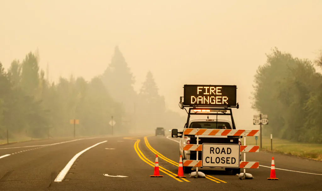 A sign warning of impending fire danger is posted in Estacada, Ore., on Sept. 10, 2020. (Nathan Howard/Getty Images)