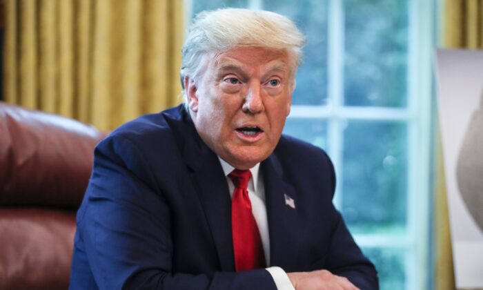 President Donald Trump speaks in the Oval Office during an event commemorating the repatriation of Native American remains and artifacts from Finland in Washington, on Sept. 17, 2020. (Oliver Contreras-Pool/Getty Images)
