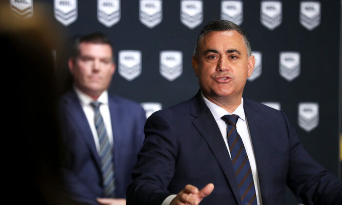 NSW Deputy Premier John Barilaro speaks to the media during a NRL media opportunity at Rugby League Central on August 10, 2020 in Sydney, Australia. (Mark Kolbe/Getty Images)