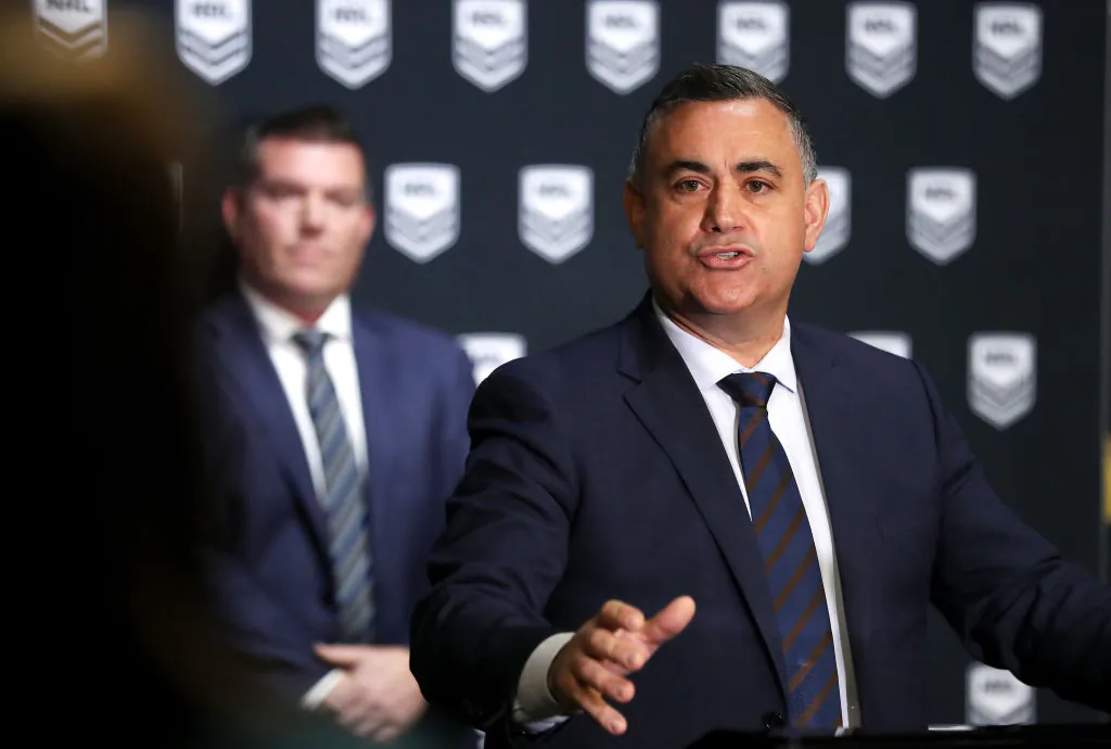 NSW Deputy Premier John Barilaro speaks to the media during a NRL media opportunity at Rugby League Central on August 10, 2020 in Sydney, Australia. (Mark Kolbe/Getty Images)
