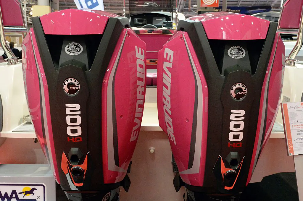 Evinrude outboard engines are on display during the 55th Paris International Boat show at the Porte de Versailles, southern Paris, on Dec. 4, 2015. (Miguel Medina/AFP via Getty Images)