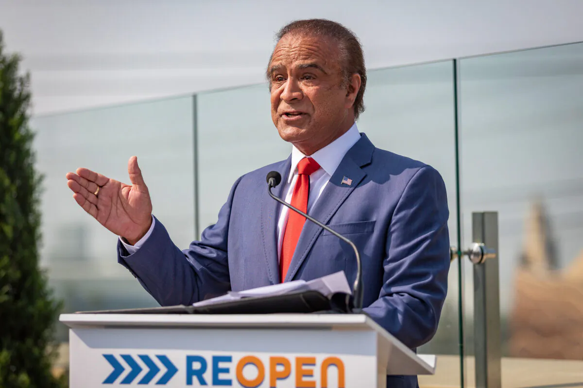 In this file photo, Anaheim Mayor Harry Sidhu discusses the need to reopen Orange County theme parks after they were closed due to the pandemic in Anaheim, Calif., on Sept. 16, 2020. (John Fredricks/The Epoch Times)
