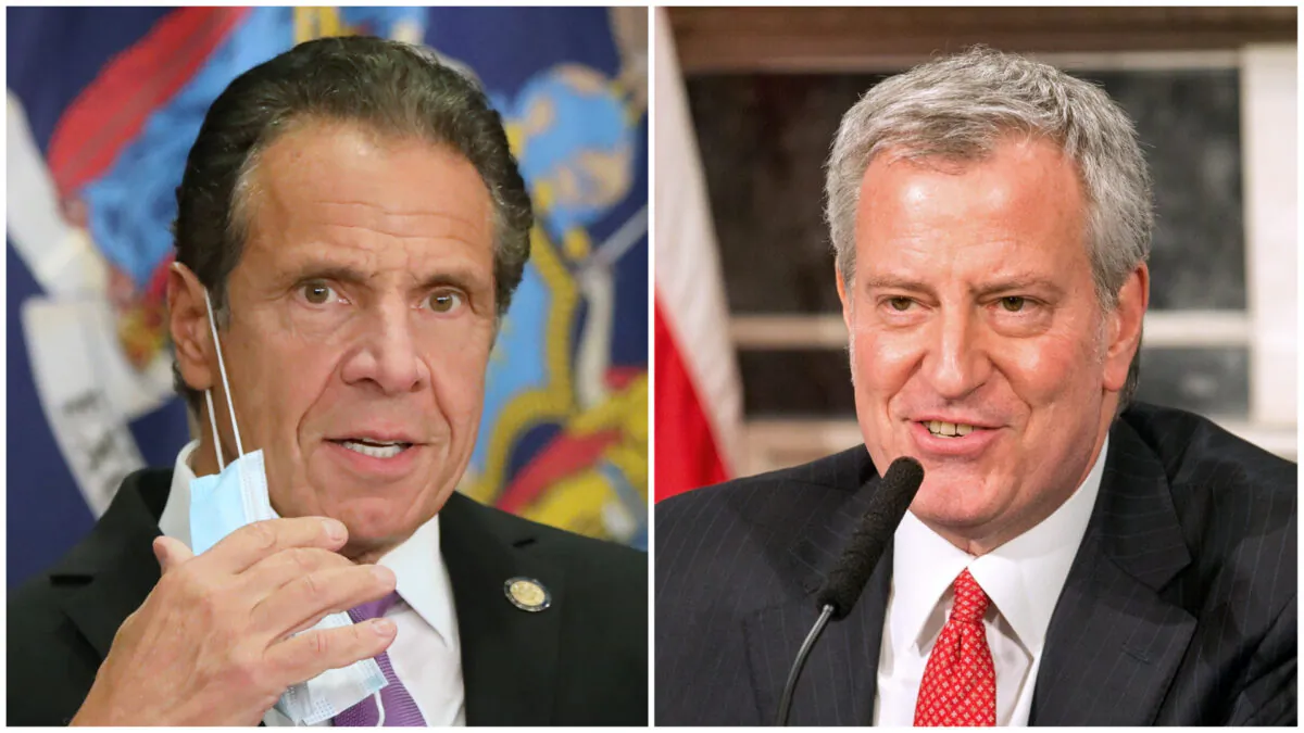 (L) New York state Gov. Andrew Cuomo speaks at a news conference in New York City on Sept. 8, 2020. (Spencer Platt/Getty Images) (R) Mayor Bill De Blasio speaks during a video press conference on the city's response to COVID-19 held at City Hall in New York City on March 19, 2020. (William Farrington-Pool/Getty Images)