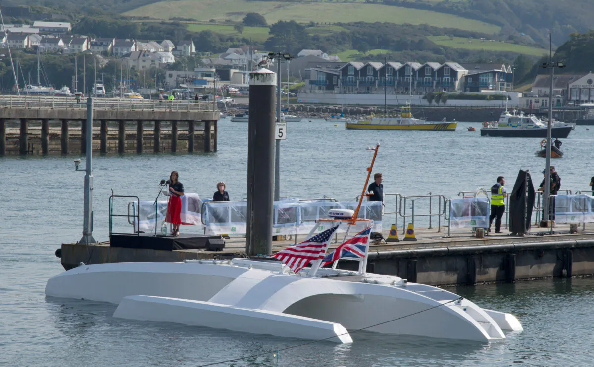 The Mayflower Autonomous Ship during a special ceremony to mark its launch in Plymouth south west England on Sept. 16, 2020. (Susie Blann/AP)