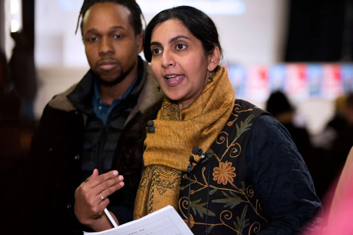 Seattle Councilwoman Kshama Sawant speaks to reporters in Seattle, Wash., on Jan. 13, 2020. (Jason Redmond/AFP via Getty Images)