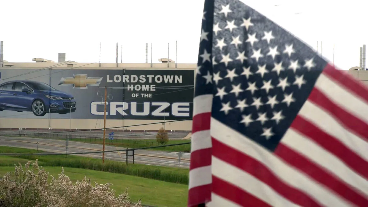 In this still image taken from video, a US flag flies near the Lordstown, Ohio, Chevrolet factory in the Rust Belt state of Ohio, where then-candidate Donald Trump unexpectedly earned significant support in 2016.(Eleonore Sens/AFP)