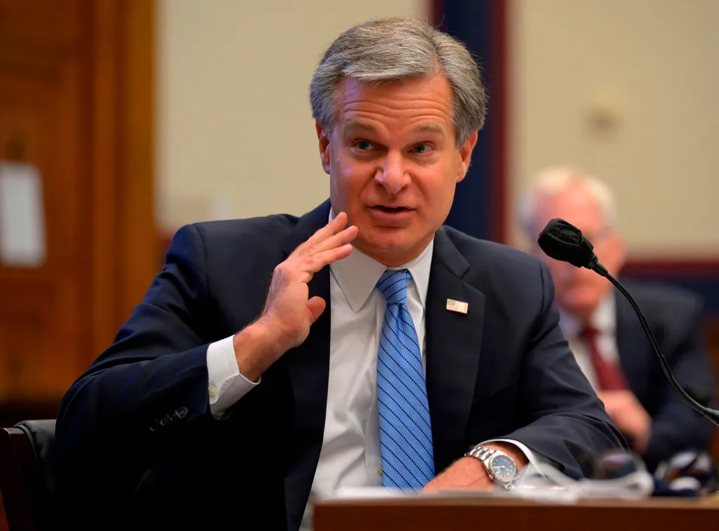 FBI Director Christopher Wray testifies before a House Homeland Security Committee hearing on "Worldwide Threats to the Homeland" on Capitol Hill in Washington on Sept. 17, 2020. (John McDonnell/POOL/AFP via Getty Images)