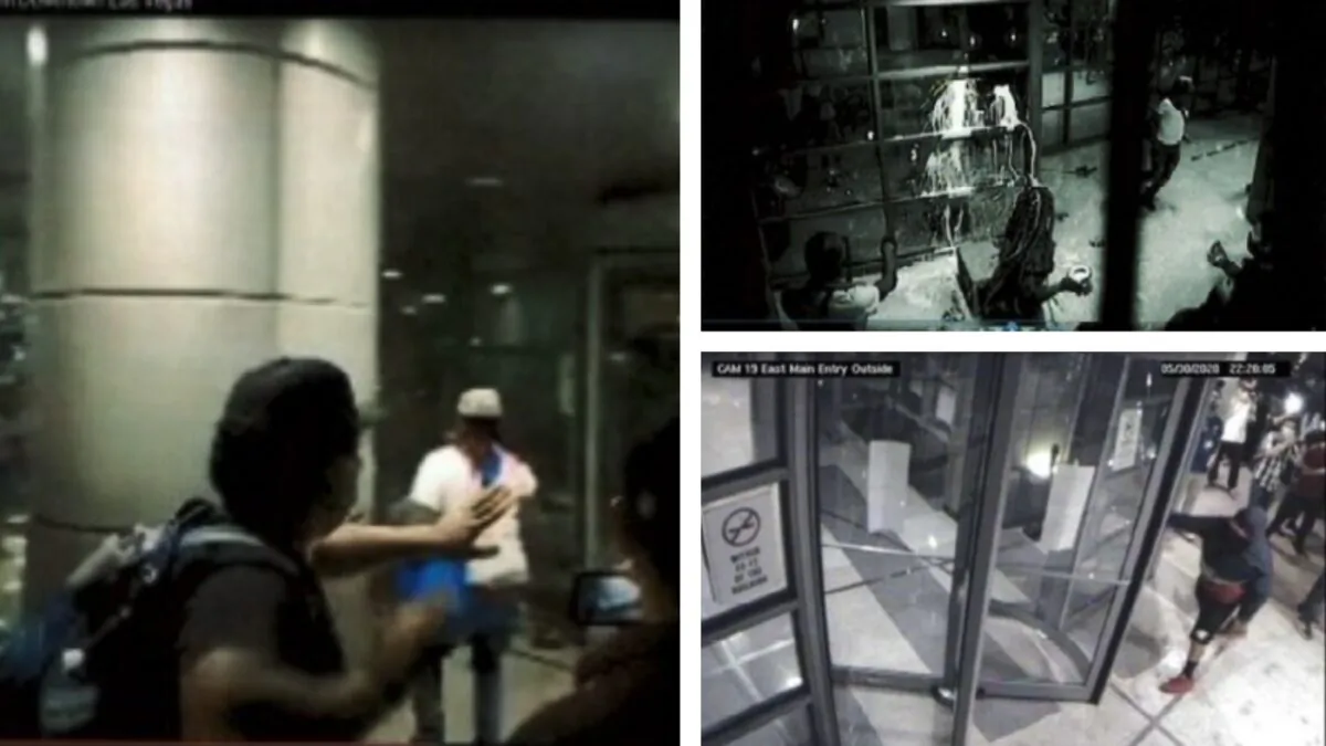 A compilation of surveillance footage images showing people causing damage to the Foley Federal Building and U.S. Courthouse, in Las Vegas, on May 30, 2020. (Department of Justice)