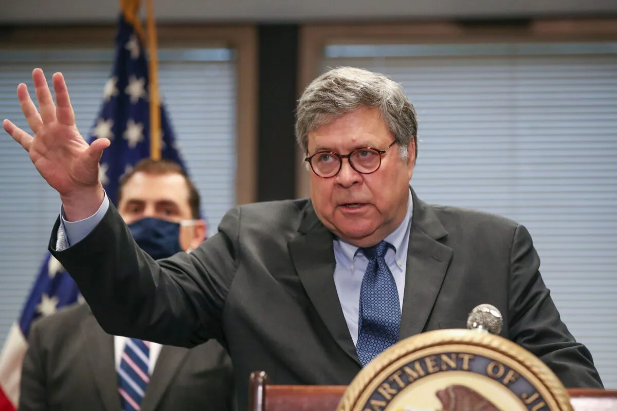 U.S. Attorney General William Barr speaks on Operation Legend, the federal law enforcement operation, during a press conference in Chicago, Ill., on Sept. 9, 2020. (Kamil Krzaczynski/AFP via Getty Images)