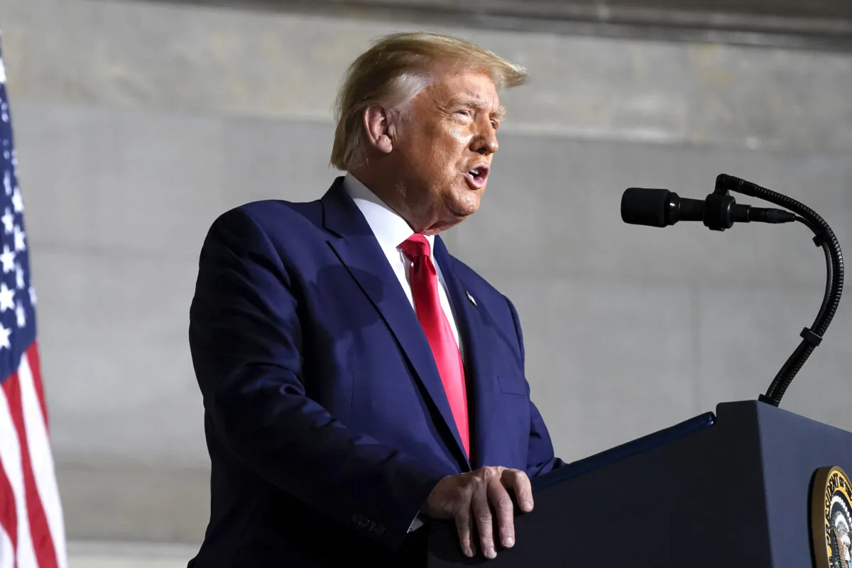 President Donald Trump speaks to the White House conference on American History at the National Archives museum in Washington on Sept. 17, 2020. (Alex Brandon/AP Photo)