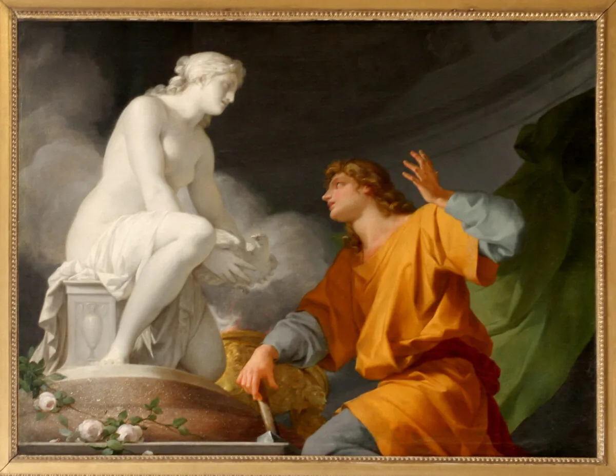 "Do words cast a spell that creates? Pygmalion, through the words of prayer to a goddess, brings his beloved statue to life. “Pygmalion Praying Venus to Animate His Statue,” 1786, by Jean-Baptiste Regnault. Palace of Versailles. (Public Domain)"