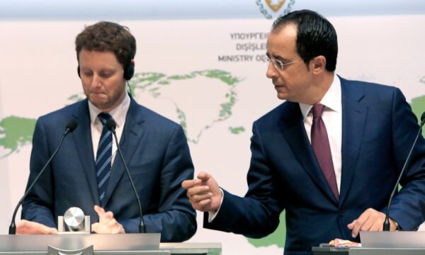 France's Minister for European Affairs Clement Beaune, left, and Cyprus' Foreign Minister Nikos Christodoulides take part in a news conference at the Foreign Ministry building in the capital Nicosia.