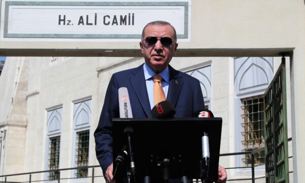 Turkey's President Recep Tayyip Erdogan talks to the media following Friday prayers at a mosque in Istanbul
