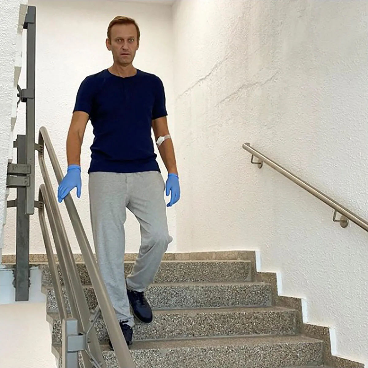 Russian opposition politician Alexei Navalny goes downstairs at Charite hospital in Berlin, Germany, in this undated image obtained from social media, on Sept. 19, 2020. (Courtesy of Instagram @NAVALNY/Social Media via Reuters)