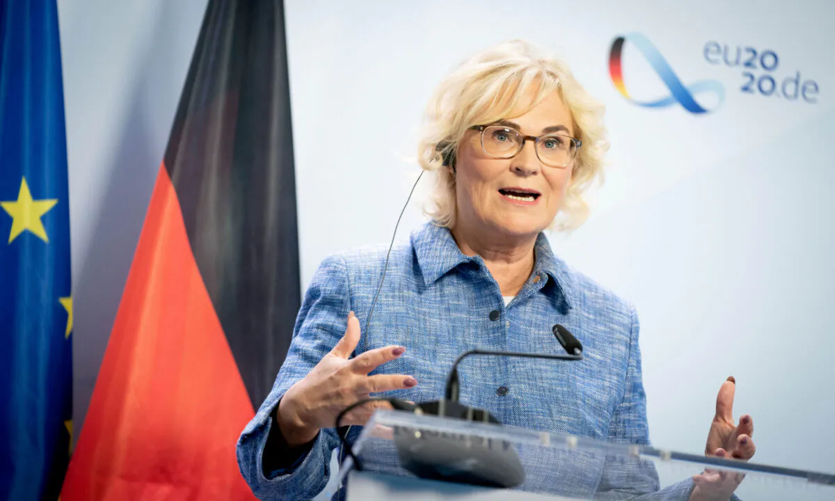 German Justice Minister Christine Lambrecht addresses a news conference after a virtual meeting with the EU Ministers of Justice in Berlin on July 6, 2020. (Kay Nietfeld/Pool via Reuters/File Photo)

