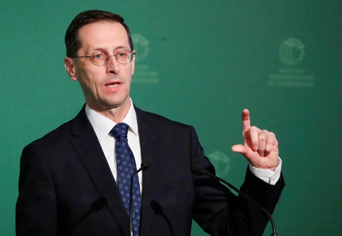Hungarian Finance Minister Mihaly Varga speaks during a business conference in Budapest, Hungary, on March 10, 2020. (Bernadett Szabo/Reuters)