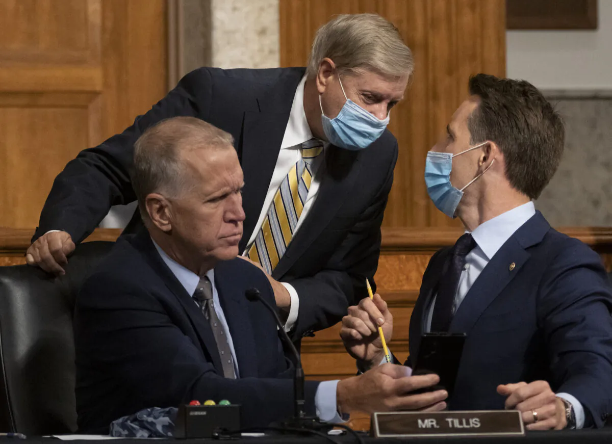 Sens. Thom Tillis (R-N.C.), Lindsey Graham, (R-S.C.), and Josh Hawley (R-Mont.), speak during a Senate Judiciary Committee hearing on Capitol Hill, in Washington, on Aug. 5, 2020 (Carolyn Kaster-Pool/Getty Images)