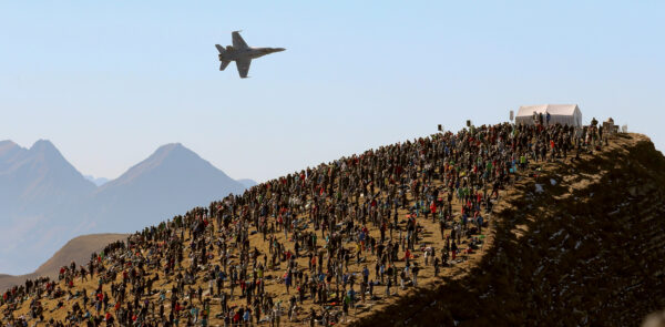 Swiss Air Force F/A18 Hornet fighter jets release flares during a flight demonstration