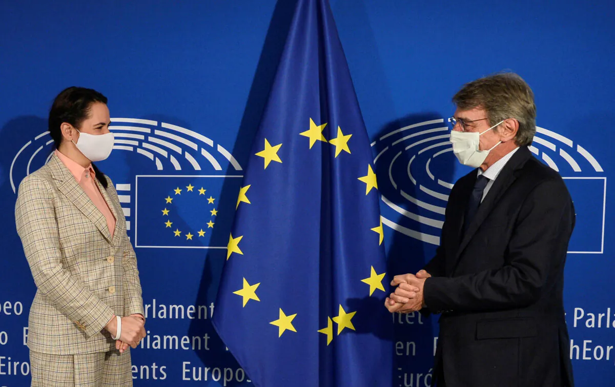 Belarusian opposition leader Sviatlana Tsikhanouskaya meets with European Parliament President David Sassoli, in Brussels, on Sept. 21, 2020. (Johanna Geron/Reuters)