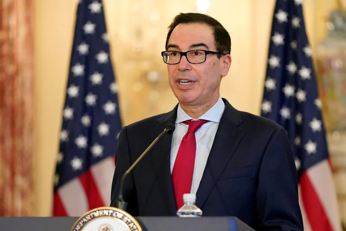 U.S. Treasury Secretary Steven Mnuchin speaks during a news conference at the U.S. State Department in Washington on Sept. 21, 2020. (Patrick Semansky/Pool via Reuters)
