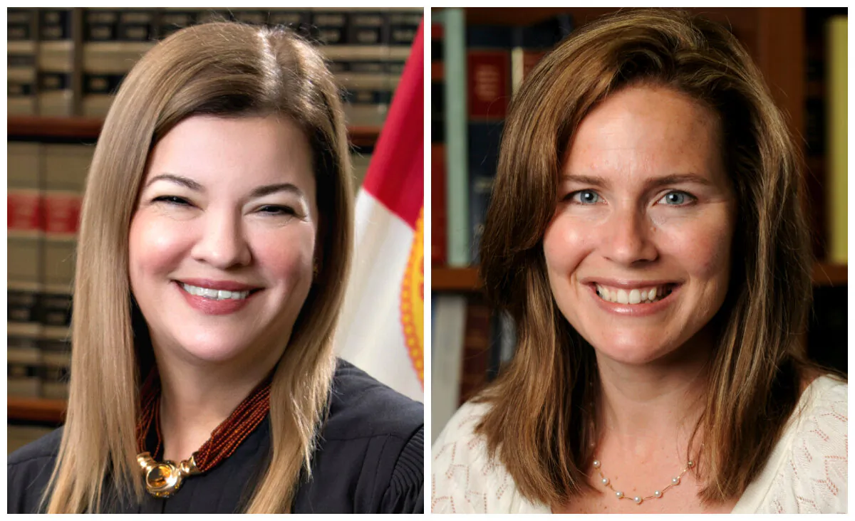 Then-Florida Supreme Court Justice Barbara Lagoa (L) and U.S. Court of Appeals for the Seventh Circuit Judge Amy Coney Barrett in file photographs. (Florida Supreme Court and Notre Dame University/Handout via Reuters)