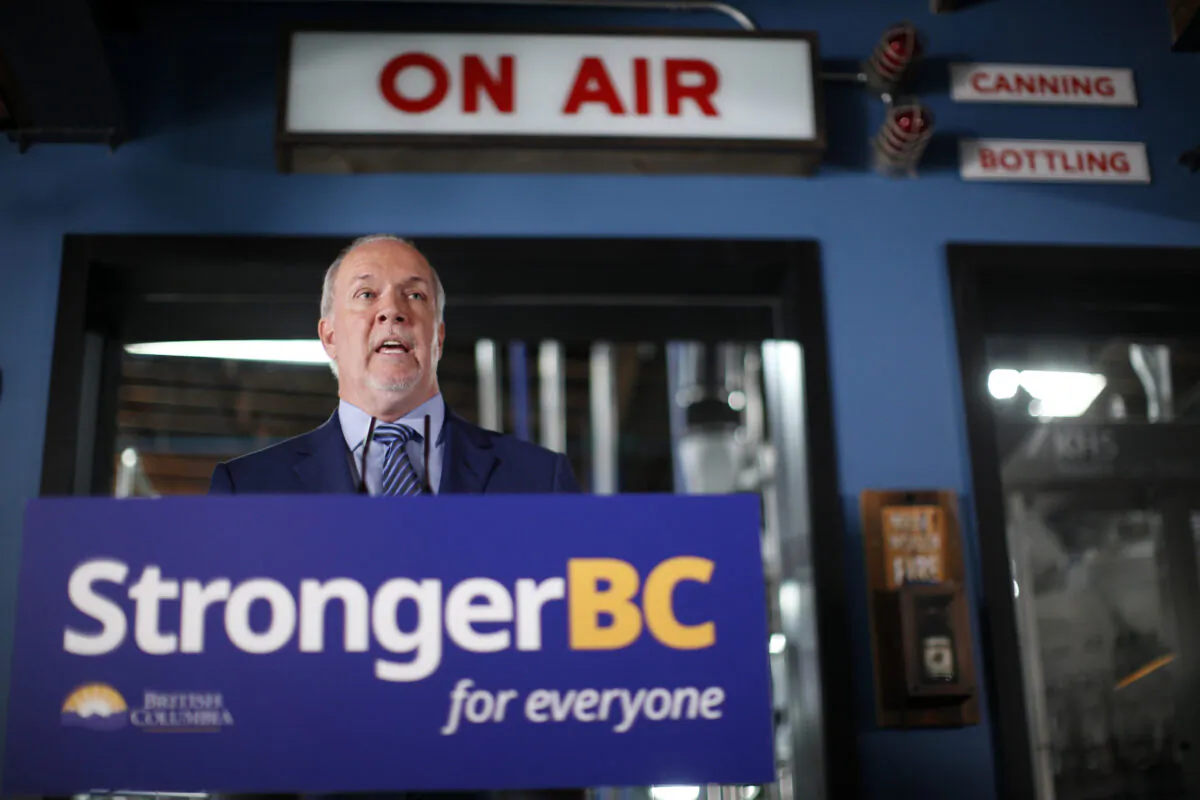 Premier John Horgan and Minister of Finance Carole James announce B.C.'s Economic Recovery Plan during a press conference at Phillips Brewery in Victoria, B.C., on Sept. 17, 2020. (The Canadian Press/Chad Hipolito)