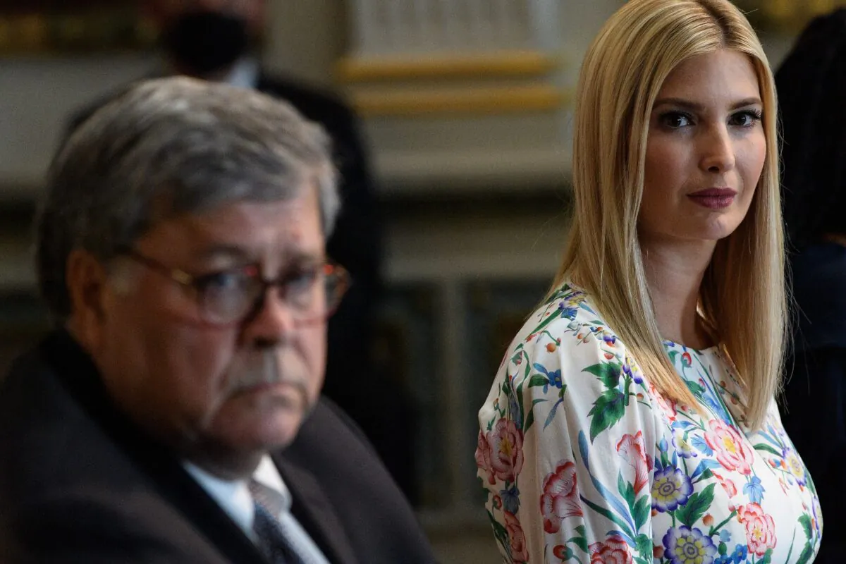Ivanka Trump (R), daughter and adviser of President Donald Trump, and Attorney General William Barr attend a meeting on human trafficking at the Eisenhower Executive Office Building in Washington on Aug. 4, 2020. (Nicholas Kamm/AFP via Getty Images)
