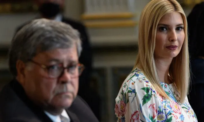 Ivanka Trump (R), daughter and adviser of President Donald Trump, and Attorney General William Barr attend a meeting on human trafficking at the Eisenhower Executive Office Building in Washington on Aug. 4, 2020. (Nicholas Kamm/AFP via Getty Images)