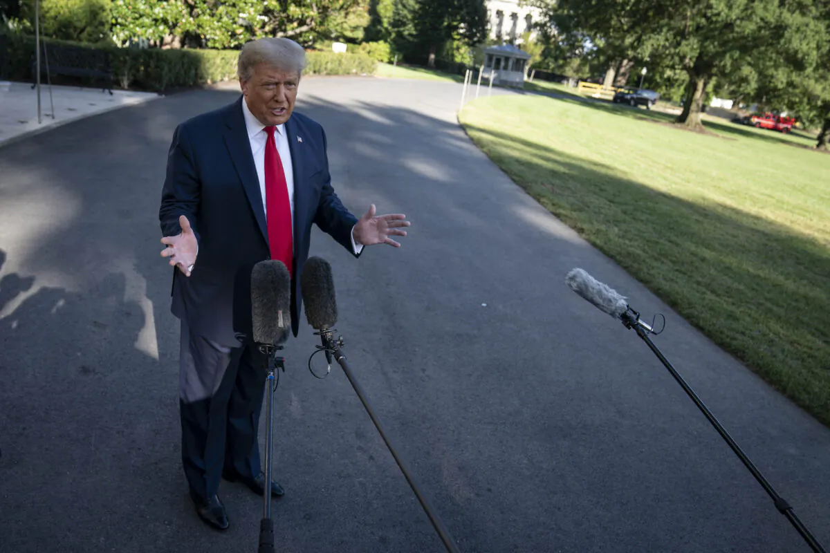 President Donald Trump speaks to members of the press prior to his departure from the White House in Washington, on Sept. 19, 2020. (Sarah Silbiger/Getty Images)