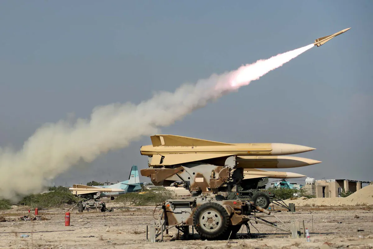 A handout picture provided by the Iranian Army official website on Sept.10, 2020, shows an Iranian Shalamcheh missile being fired during a military exercise in the Gulf, near the  strategic strait of Hormuz in southern Iran. (-/Iranian Army office/AFP via Getty Images)