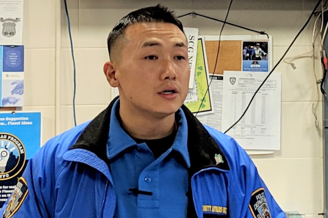 NYPD officer Baimadajie Angwang speaks at a press conference in New York on Feb. 7, 2019. (The Epoch Times)