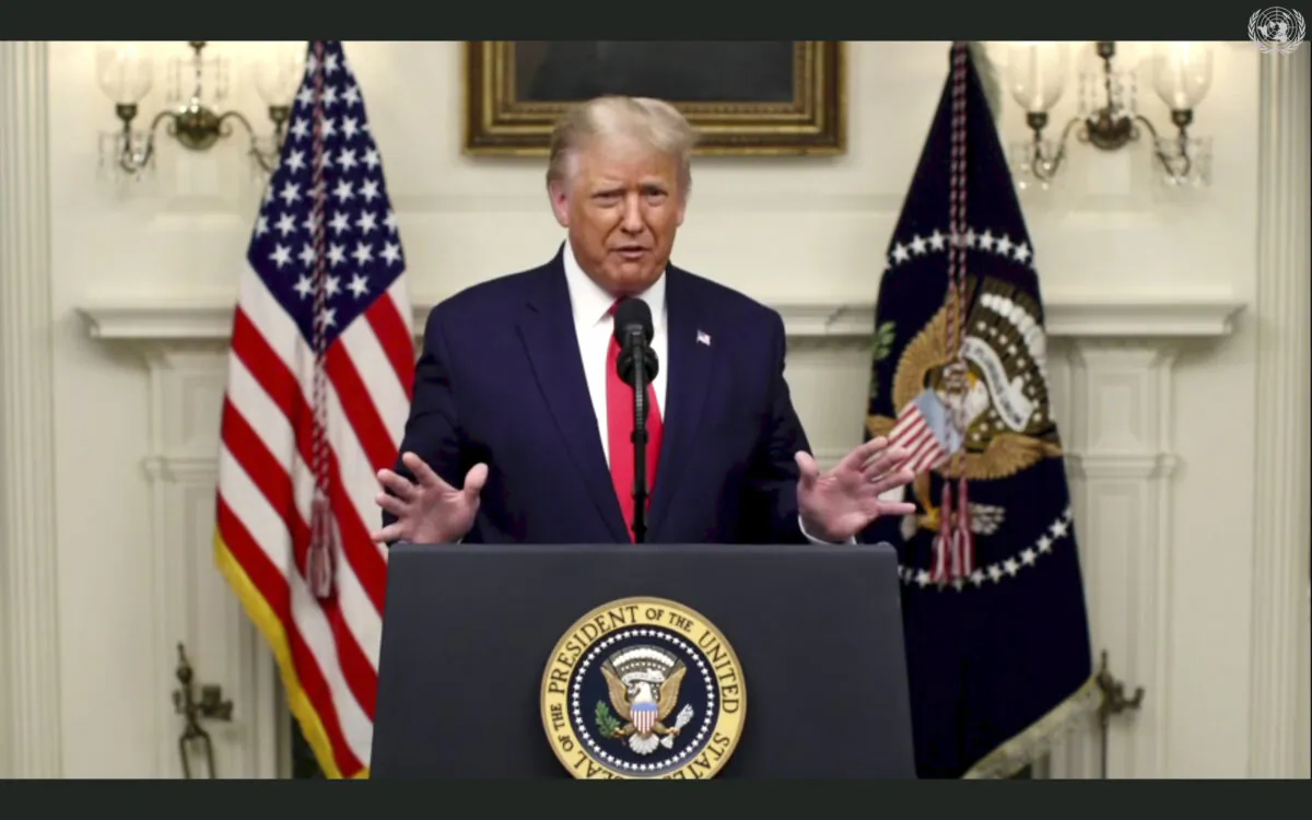 President Donald Trump speaks in a pre-recorded message which was played during the 75th session of the United Nations General Assembly, at the United Nations headquarters in New York City on  Sept. 22, 2020. (UNTV via AP)