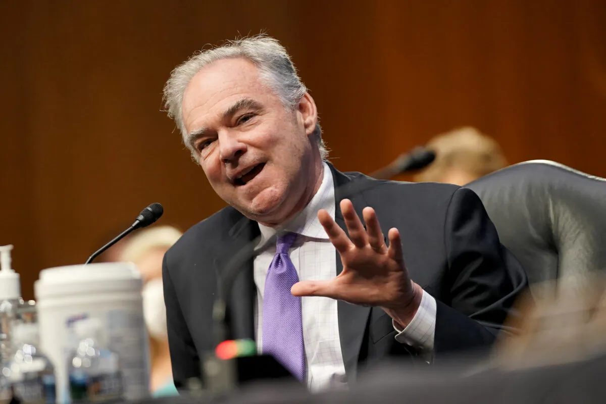 Sen. Tim Kaine (D-Va.) speaks during a hearing in Washington on July 30, 2020. (Greg Nash/Pool/AFP via Getty Images)