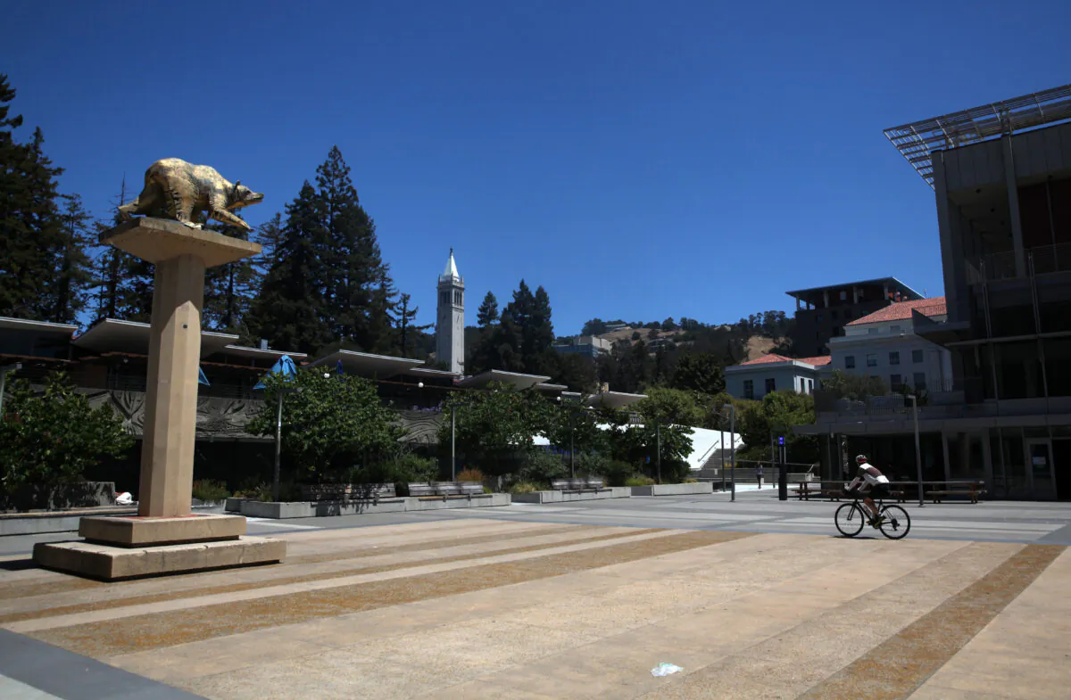 A cyclist rides his bike on the U.C. Berkeley campus in Berkeley, Calif., July 22, 2020. (Justin Sullivan/Getty Images)